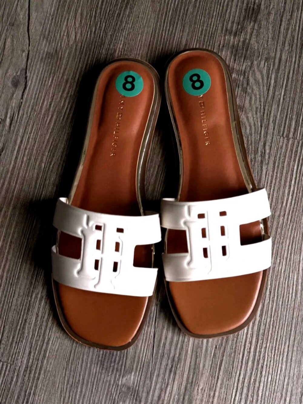 Tommy Hilfiger Women's Terenz Slide Sandals Ivory Gold-Tone Trim 8 M New